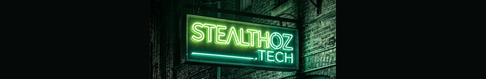 STEALTHOZ.TECH neon sign over a dark alley